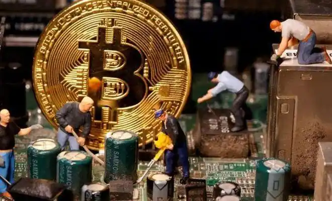 A large-scale cryptocurrency mining farm in Nigeria with rows of mining rigs humming under LED lights